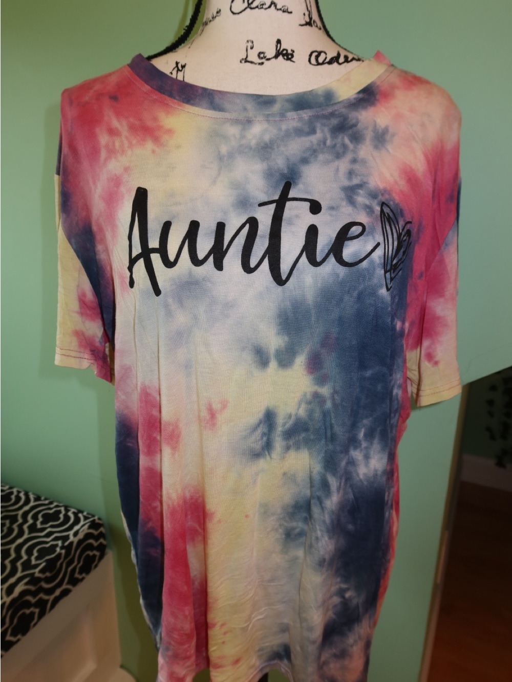 Auntie Tie-Dye Short Sleeve Tee in Pink, Blue & Yellow